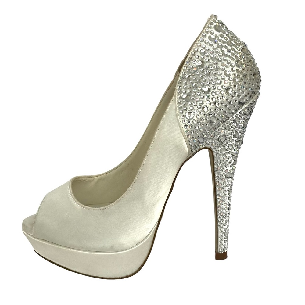 Pink Paradox London Satin Embellished Crystals Peep Toe Heels Pumps